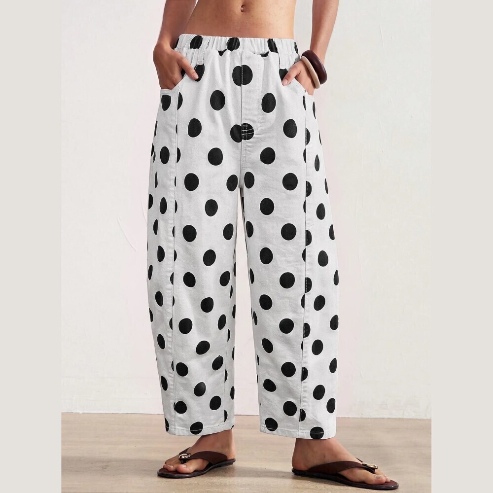 White Polka Dot Cotton Woven High Waist Cropped Wide Leg Pants